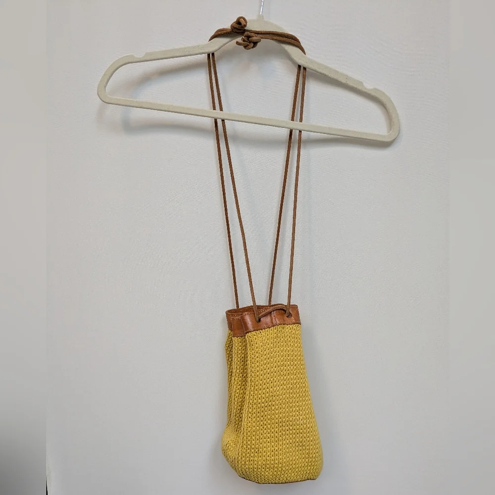 VTG Talbots Yellow Boho Woven Crochet Leather Drawstring Small Bucket Handbag